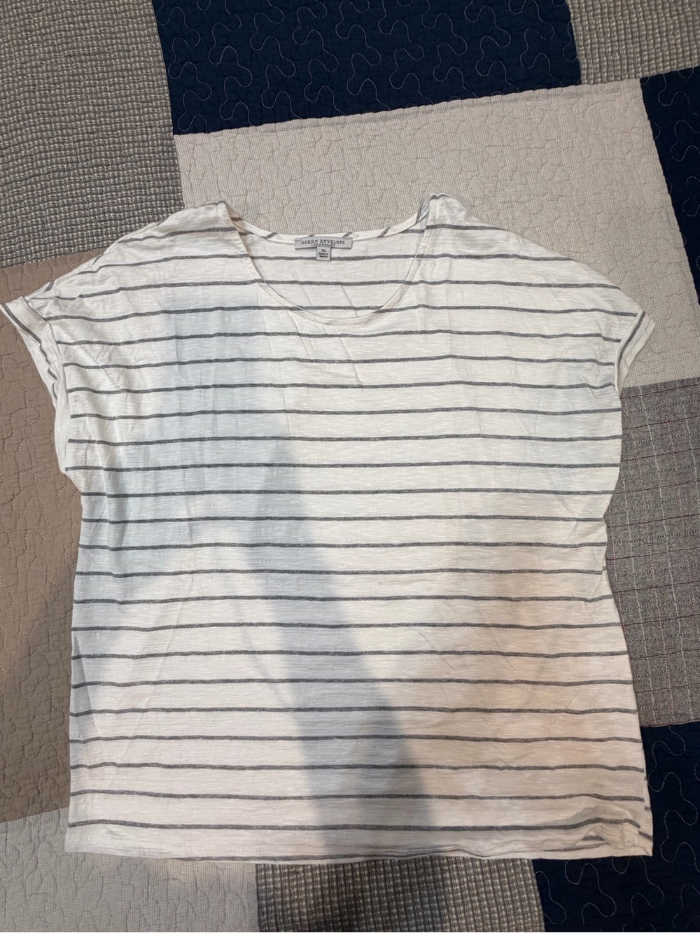 Green Envelope White Tee with Gray Stripes - Short Sleeve